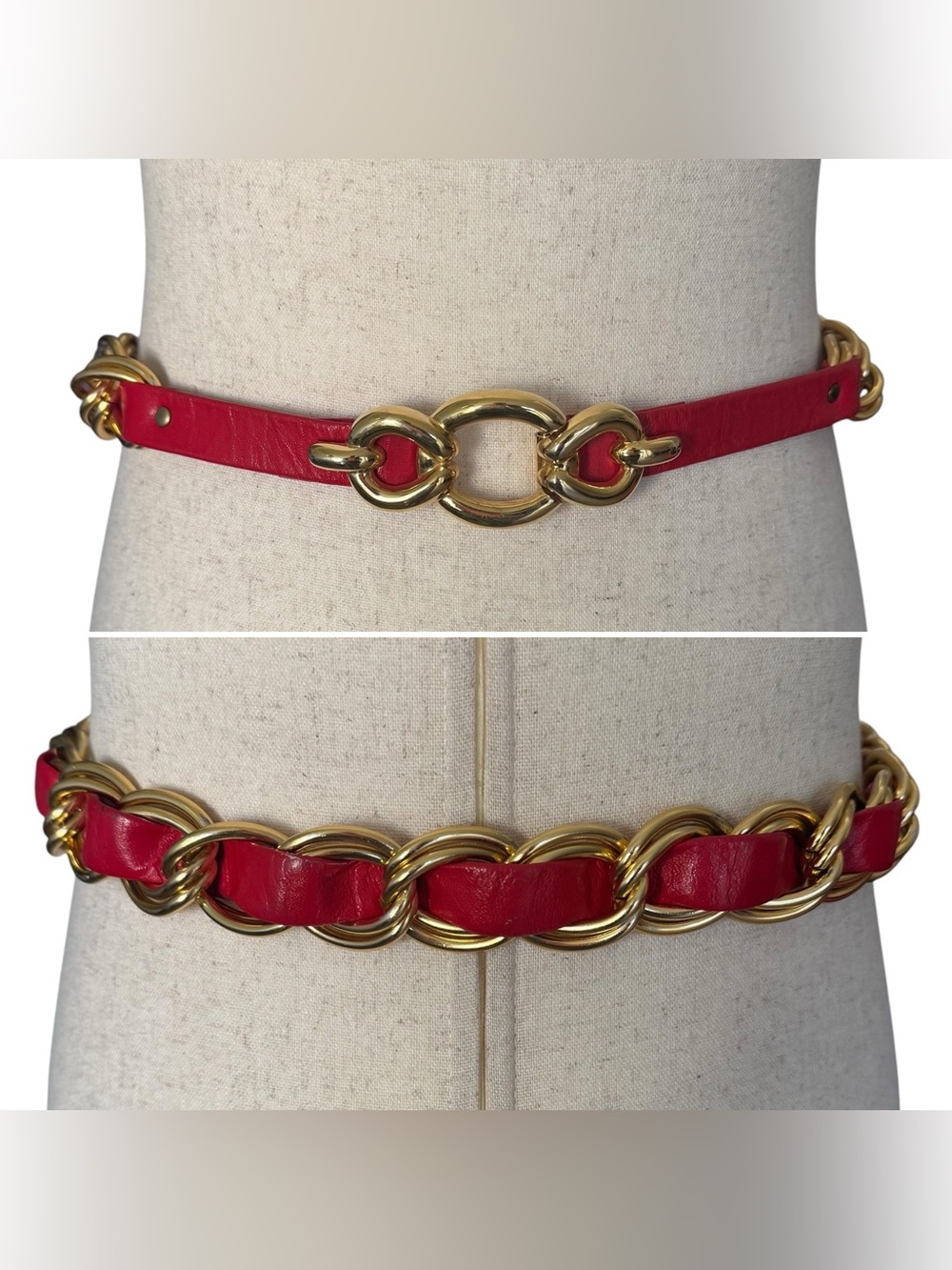 Vintage St John Red Leather Chain-Link Waist Belt with Gold Hardware 80s 90s